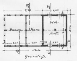  6 Bauzeichnungen einer Stallscheune für 30-40 Morgen in Seitenansichten und Draufsichten mit Maßen Bl. 4 - Grundriss Bauzeichnungen für Neubauten von Gehöften durch Ostpreußische Landgesellschaft m.b.H., Königsberg