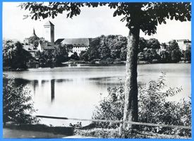 Ortelsburg, Stadt, Kreis Ortelsburg Ortelsburg, Partie am Haussee mit Blick auf Rathaus III Ortelsburg, Haussee