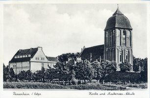 Passenheim, Stadt, Kreis Ortelsburg Passenheim, Kirche und Mackensen-Schule 