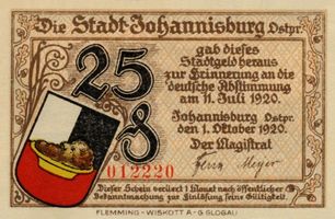 Johannisburg, Kreis Johannisburg Johannisburg, Stadtgeld, 25, Vorderseite Йоханнисбург, городские деньги, 25, лицевая сторона
