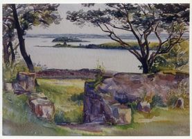 Angerburg Kr. Angerburg, Stadt, Kreis Angerburg Angerburg Kr. Angerburg, Blick vom Heldenfriedhof, Aquarell Angerburg, Heldenfriedhof der Stadt Angerburg am Schwenzaitsee