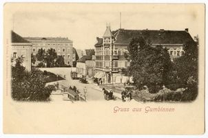 Gumbinnen, Stadt, Kreis Gumbinnen Königsplatz Gumbinnen, Große Brücke mit Friedrich-Wilhelm-Platz und Regierung Гумбиннен, Большой мост с площадью Фридриха Вильгельма и правительством