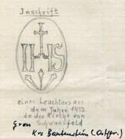 Groß Schwansfeld, Kreis Bartenstein Groß Schwansfeld, Kirche, Inschrift eines Leuchters, Zeichnung 