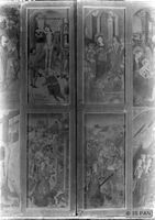 Bartenstein, Kreis Bartenstein Bartenstein,  Heimatmuseum - Altarschrein aus dem ehemaligen Hospital zum Hl. Geist mit geschlossenen Flügeln, Mittelteil mit Katharinenlegende Бартенштейн, краеведческий музей — алтарный складень из бывшего госпиталя Святого Духа с закрытыми створками, средняя часть с легендой о Святой Екатерине