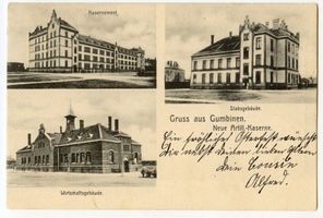 Gumbinnen, Stadt, Kreis Gumbinnen Schlossberger Straße (fr. Pillkaller Straße) Gumbinnen, Neue Artilleriekaserne, Kasernement, Stabsgebäude, Wirtschaftsgebäude (3Aufnahmen) Gumbinnen, Kasernen
