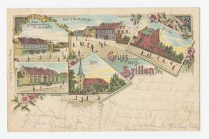 Schillen, Kreis Tilsit-Ragnit Szillen, Buch- und Papierhandlung, Hotel, Schule, Apotheke, Kirche 