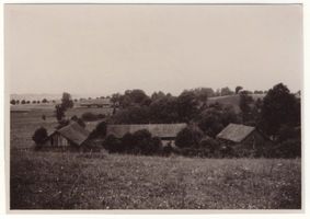 Willenheim, Kreis Lyck Willenheim (Dobra Wola), Ortsansicht - im Vordergrund Gehöft Reisenauer, dahinter Scheune von Bürgermeister Kloss, links im Hintergrund Straße nach Steinberg 