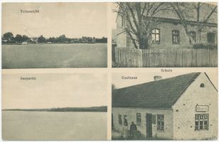  Ort ?? Teilansicht, Seepartie, Schule, Gasthaus A. Konradt Johannisburg (Kreis), nicht verortete Bildmotive