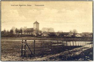 Neukirch, Ort, Kreis Elchniederung Neukirche, Ortsansicht mit Kirche Neukirch, Ev. Kirche, kirchl. Einrichtungen und kirchl. Leben, Friedhöfe