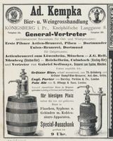 Königsberg (Pr.), Stadtkreis Königsberg Kneiph. Langgasse 8 Königsberg (Pr.), Kneiph. Langgasse, Bier-  und Weingroßhandlung Ad. Kemka Кёнигсберг (Пр.), Кнайпхофская Ланггассе, оптовая торговля пивом и вином Ад. Кемка