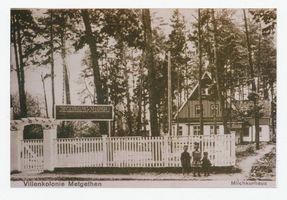 Metgethen, Ort und Bahnstation, Stadtkreis Königsberg Forstweg 36 Metgethen, Forstweg 35, Milchkurhaus Metgethen, Häuser früher und heute
