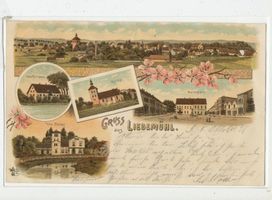 Liebemühl, Kreis Osterode Liebemühl, Ortsansicht, Oberförsterei, Kirche, Marktplatz, Villa Becker 