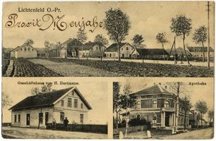 Lichtenfeld, Kreis Heiligenbeil Lichtenfeld, Ortsansicht, Geschäftshaus Hartmann und Apotheke Лихтенфельд, вид местечка, торговый дом Хартмана и аптека