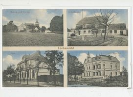 Liebemühl, Kreis Osterode Liebemühl, Schule und Kirche, Schlossmühle, Post, Villa Domnick Либемюль, школа и церковь, замковая мельница, почта, вилла Домник