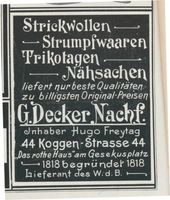 Königsberg (Pr.), Stadtkreis Königsberg Koggenstraße 44 Königsberg (Pr.), Koggenstraße, Strickwollen, Strumpfwaren,Trikotagen, G. Decker Nachf. Königsberg, Anzeigen