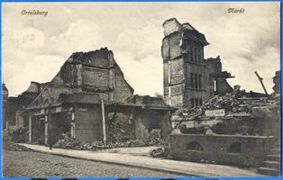 Ortelsburg, Stadt, Kreis Ortelsburg Ortelsburg, Zerstörte Häuser am Markt VI Erster Weltkrieg