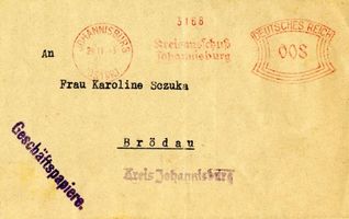 Johannisburg, Kreis Johannisburg Johannisburg, Frau Sczuka, Briefumschlag Johannisburg (Kreis), nicht verortete Bildmotive
