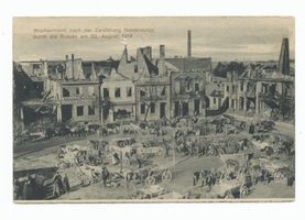 Neidenburg, Stadt, Kreis Neidenburg Neidenburg, Wochenmarkt nach der Zerstörung durch die Russen am 22. August 1914 Erster Weltkrieg