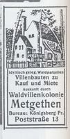 Metgethen, Ort und Bahnstation, Stadtkreis Königsberg Metgethen, Villenkauf, Werbeanzeige 