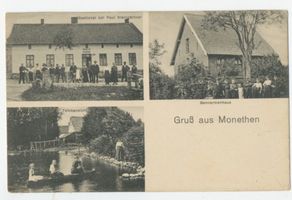 Monethen, Kreis Johannisburg Monethen, Kr Lyck, Gastlokal, Gendarmenhaus, Teichansicht Монетен, уезд Лык, трактир, жандармский дом, вид на пруд