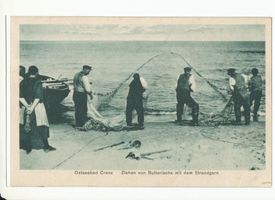 Cranz Kr. Samland, Ort, Kreis Samland Cranz, Ziehen von Butterlachs mit dem Strandgarn Kurische Nehrung, Fischerei