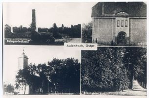 Aulenbach (Ostpr.), Kreis Insterburg Aulenbach (Ostpr.), Kriegerdenkmal, Schule, Kirche, Grünheider Straße Ауленбах (Вост. Пруссия), памятник воинам, школа, церковь, Грюнхайдерштрассе