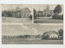 Schildeck, Kreis Osterode Schildeck, Gasthaus Paul Hildebrandt, Gutshaus (??), Ortsansicht 