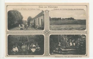 Grenzhöhe, Kreis Schloßberg Wisborienen, Hauptstraße mit Garten & Gasthaus Berger, Blick nach Russland mit Slawiky & Scheschuppe, Gartenpartie mit Promenade, Gartenterrasse & Park Висборинен, главная улица с садом и трактиром Бергера, вид на Россию со Славиками и Шешупе, сад с променадом, садовая терраса и парк