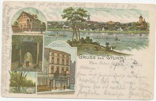 Stuhm, Stadt, Kreis Stuhm Stuhm, Ortsansicht, Kaiserl. Postamt, Geschäftshaus F. Albrecht, Schlossgang Штум, вид местности, императорская почта, торговый дом Ф. Альбрехта, замковая галерея