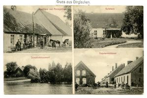 Altdingelau, Kreis Angerapp Dinglauken, Gasthaus und Post, Gutshaus, Schule, Häuser Динлаукен, трактир и почта, господский дом, школа, дома