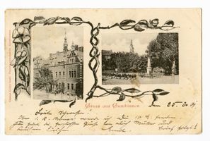 Gumbinnen, Stadt, Kreis Gumbinnen Adolf-Hitler-Straße (fr. Darkehmer Straße bzw. Königstraße) Gumbinnen, Rathaus und Aufmarsch vor dem Kriegerdenkmal - 2 Aufnahmen 