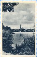 Ortelsburg, Stadt, Kreis Ortelsburg Ortelsburg, Blick über den Haussee auf Katholische Kirche II Ortelsburg, Haussee