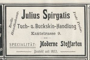 Königsberg (Pr.), Stadtkreis Königsberg Kantstraße (fr. Prinzessinstraße) 9 Königsberg (Pr.), Kantstraße (fr. Prinzessinstraße), Tuch- und  Buckskin- Handlung, Julius Spirgatis Königsberg, Anzeigen
