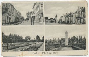 Willenberg Kr. Ortelsburg, Stadt, Kreis Ortelsburg Willenberg Kr. Ortelsburg, Kirchenstraße, Marktplatz, Ehrenfriedhof, Kriegerdenkmal 