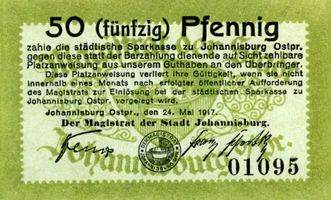 Johannisburg, Kreis Johannisburg Johannisburg, Stadtgeld, 50 Pf, gezackt Йоханнисбург, городские деньги, 50 пфеннигов, зубчатый край