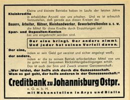 Johannisburg, Kreis Johannisburg Johannisburg, Anzeige Kreditbank Йоханнисбург, объявление Кредитного банка