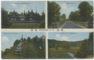 Jagdhaus Rominten, Kreis Goldap Jagdhaus Rominten, Ansicht, Kaiserbrücke, Kapelle und Glockenturm, Blick von Bellevue Охотничий домик Роминтен, вид, императорский мост, часовня и колокольня, вид от «Бельвю»