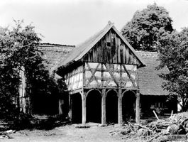 Güldenboden Kr. Mohrungen, Kreis Mohrungen Güldenboden Kr. Mohrungen, Vorlaubenhaus vom Typ  Marschland - Vorderansicht Гюльденбоден, р-н Морунген, дом с передней галереей типа «Маршланд» — вид спереди
