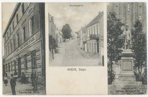 Rhein Kr. Lötzen, Kreis Lötzen Rhein Kr. Lötzen, Hotel, Straßenpartie, Denkmal 