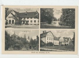 Döhlau, Kreis Osterode Döhlau, Gemeinde-und Gasthaus, Partie im Park, Grotte im Park, Schloss 