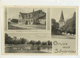 Scharnau Kr. Neidenburg, Ort, Kreis Neidenburg Scharnau Kr. Neidenburg, Gasthaus Otto Bromberg, Kirche, Ortsansicht 