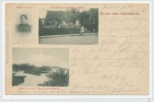 Haselberg (Ostpr.), Kreis Schloßberg Lasdehnen, Wohnhaus von Mohrs Lottche, Abbild und Blick von den Scheschuppe-Bergen Ласденен, жилой дом Лотхен Мор, изображение и вид с Шешупе-гор