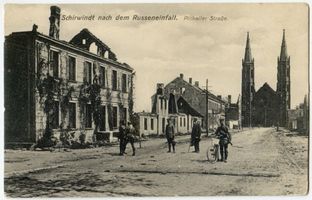 Schirwindt, Stadt, Kreis Schloßberg Schirwindt, Kriegszerstörungen Pillkaller Straße mit Immanuelkirche II Erster Weltkrieg