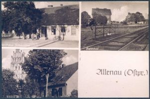 Allenau, Kreis Bartenstein Allenau, Gasthaus Schmidtke, Bahnhof, Kirche 