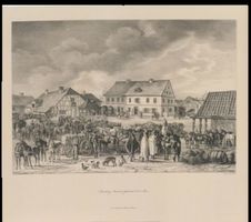 Sensburg, Stadt, Kreis Sensburg Sensburg, Markt, italienische und französische Soldaten (älteste Abb. der Stadt) 