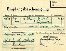 Johannisburg, Kreis Johannisburg Markt 8 Johannisburg, Markt, Stadtsparkasse, Empfangsbescheinigung Johannisburg (Kreis), nicht verortete Bildmotive