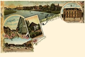 Johannisburg, Kreis Johannisburg Johannisburg, Brückenzoll, Kaiserliches Postamt, Kirche und Kriegerdenkmal, Marktplatz Йоханнисбург, мостовой сбор, императорский почтамт, церковь и памятник воинам, рыночная площадь