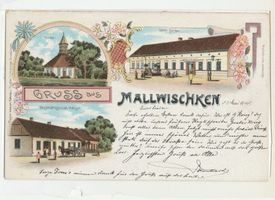 Mallwen, Kreis Schloßberg Mallwischken, Kirche, Hotel Becker, Geschäftslokal Heigel (Zeichnungen) 
