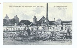 Neidenburg, Stadt, Kreis Neidenburg Neidenburg, Verwüstetes Schloßgut nach der Beschießung durch die Russen Neidenburg, Schloß