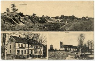 Medenau, Kreis Samland Medenau, Ortsansicht, Geschäftshaus Moritz Jacoby, Kirche Меденау, вид местечка, торговый дом Морица Якоби, церковь
